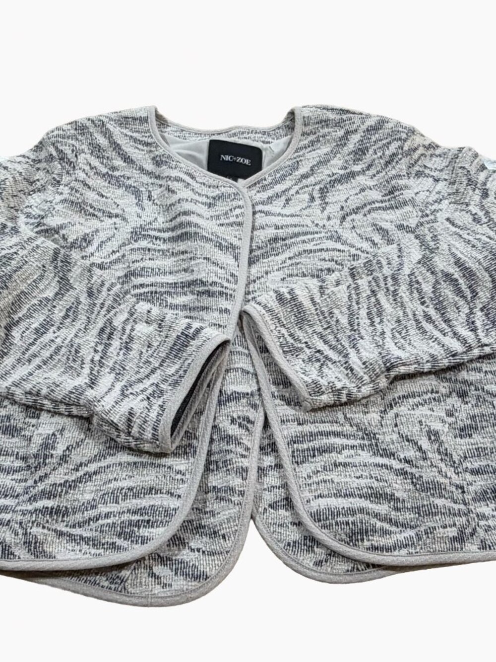 NWT NIC+ZOE Womens Large Textured Open Front Knit Jacket Metallic Silver Zebra L